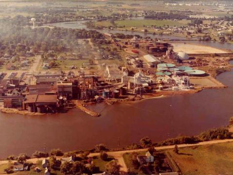 Aerial view of the Pine River in Michigan and Velsicol Superfund site
